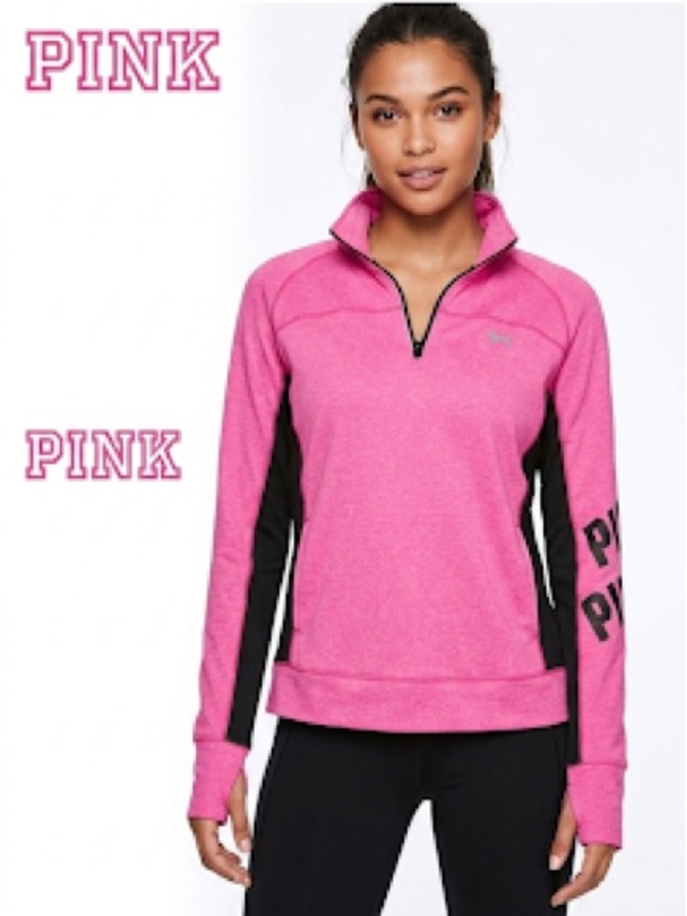 Victoria's Secret PINK Hot Pink and Black Quarter-Zip Pullover size large